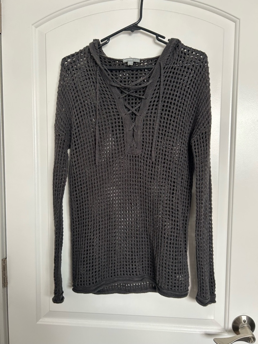 James Perse Grey Crochet Open Knit Linen Blend Hoodie Sweater Size 3 boho chic